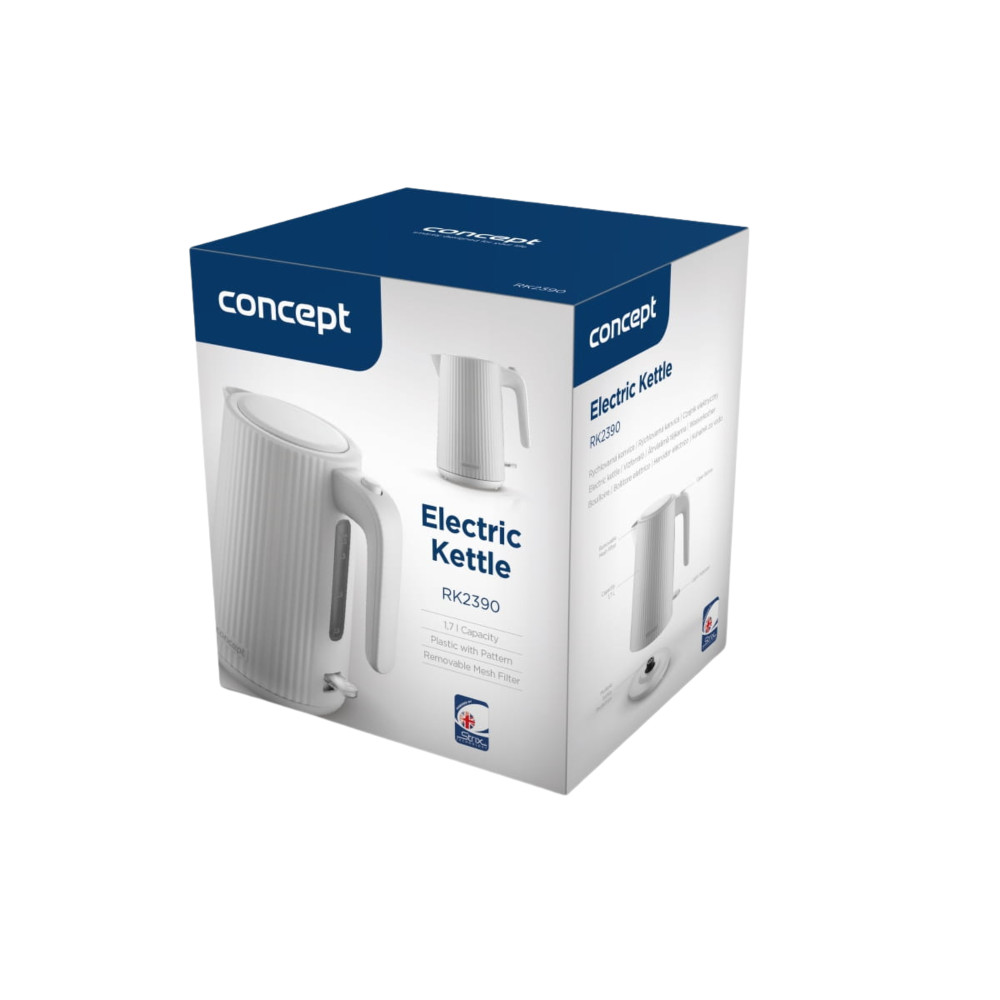 Opakowanie białego czajnika elektrycznego z prążkowanym wzorem i tekstem.