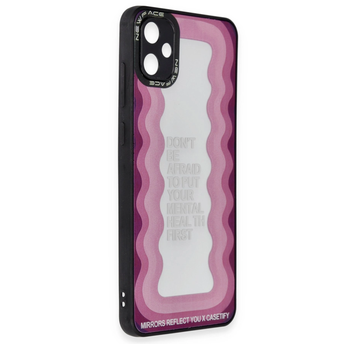 Pembe dalgalı desenli ve akıl sağlığı hakkında yazı bulunan siyah telefon kılıfı.