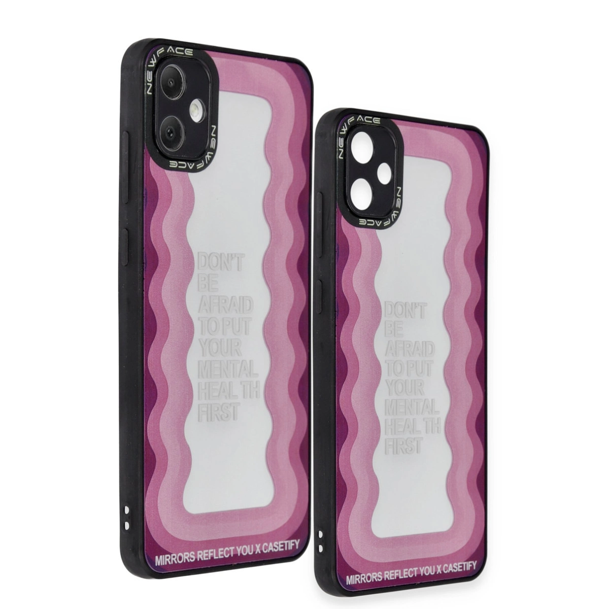 Pembe dalgalı ve metinli iki telefon kılıfı beyaz arka planda.