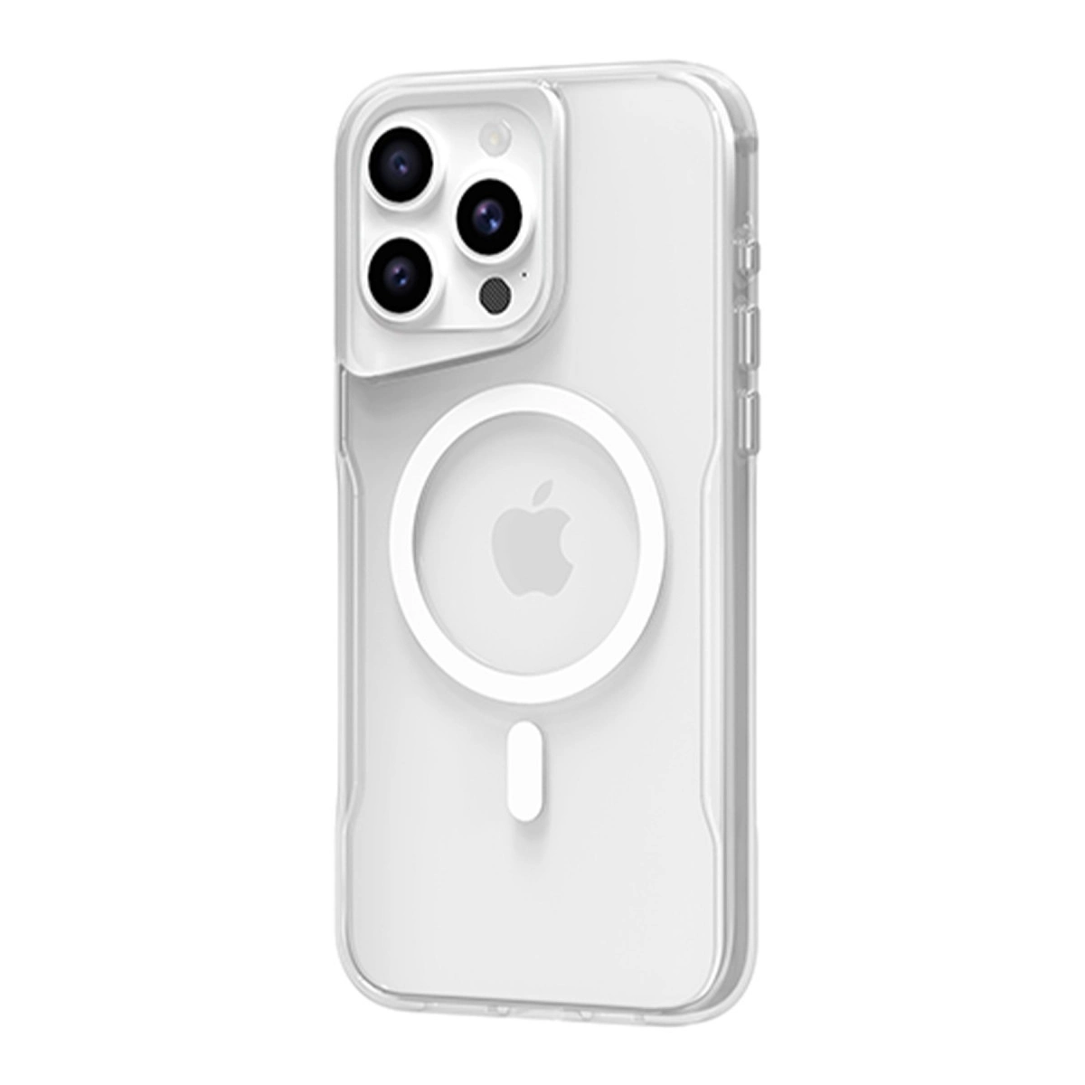Beyaz arka plan üzerinde Apple logosu ve kamera kesimli şeffaf telefon kılıfı.