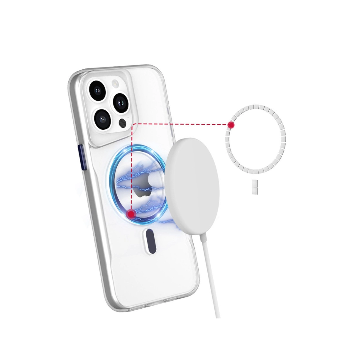 Beyaz manyetik şarj cihazı ve Apple logosuna sahip şeffaf telefon kılıfı.