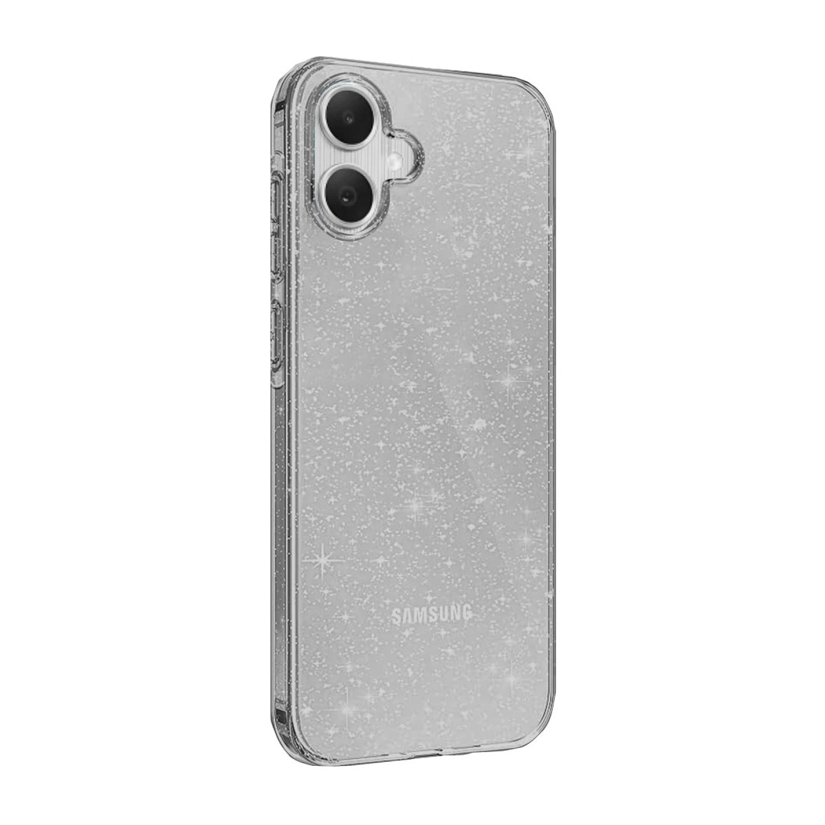 Gümüş simli, iki kamera lensli şeffaf telefon kılıfı.