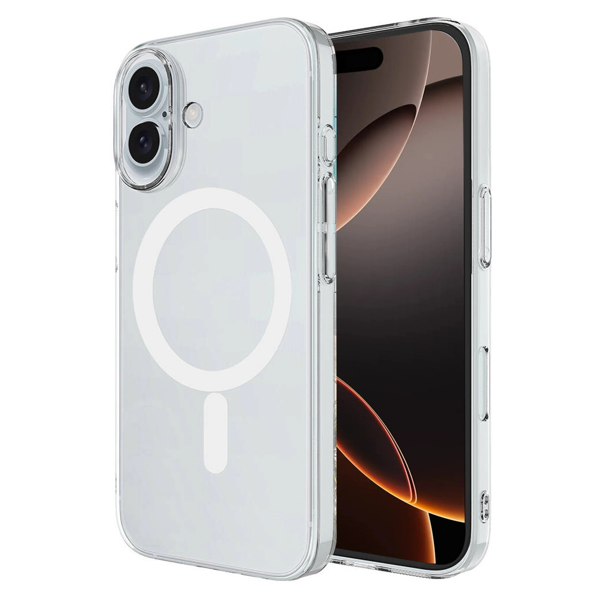Arkada beyaz MagSafe halkası olan şeffaf telefon kılıfı, ekranın bir kısmını gösteriyor.