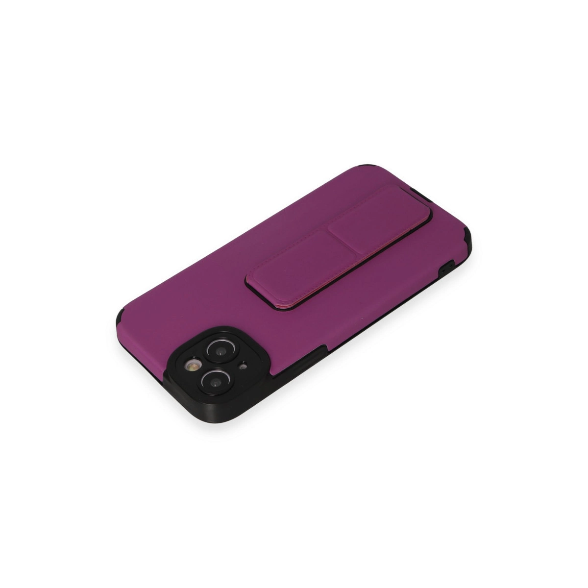 Entegre stantlı ve siyah kamera yuvalı mor telefon kılıfı.