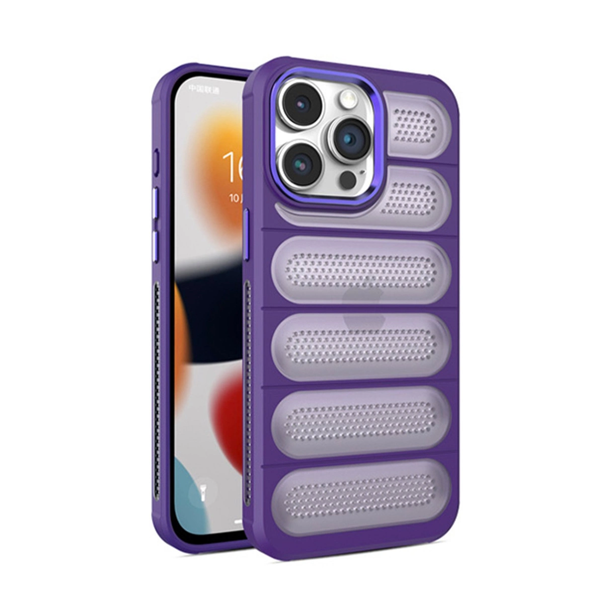 Havalandırma yuvalı mor telefon kılıfı, kamera açıklığını ve telefon ekranını gösteriyor.