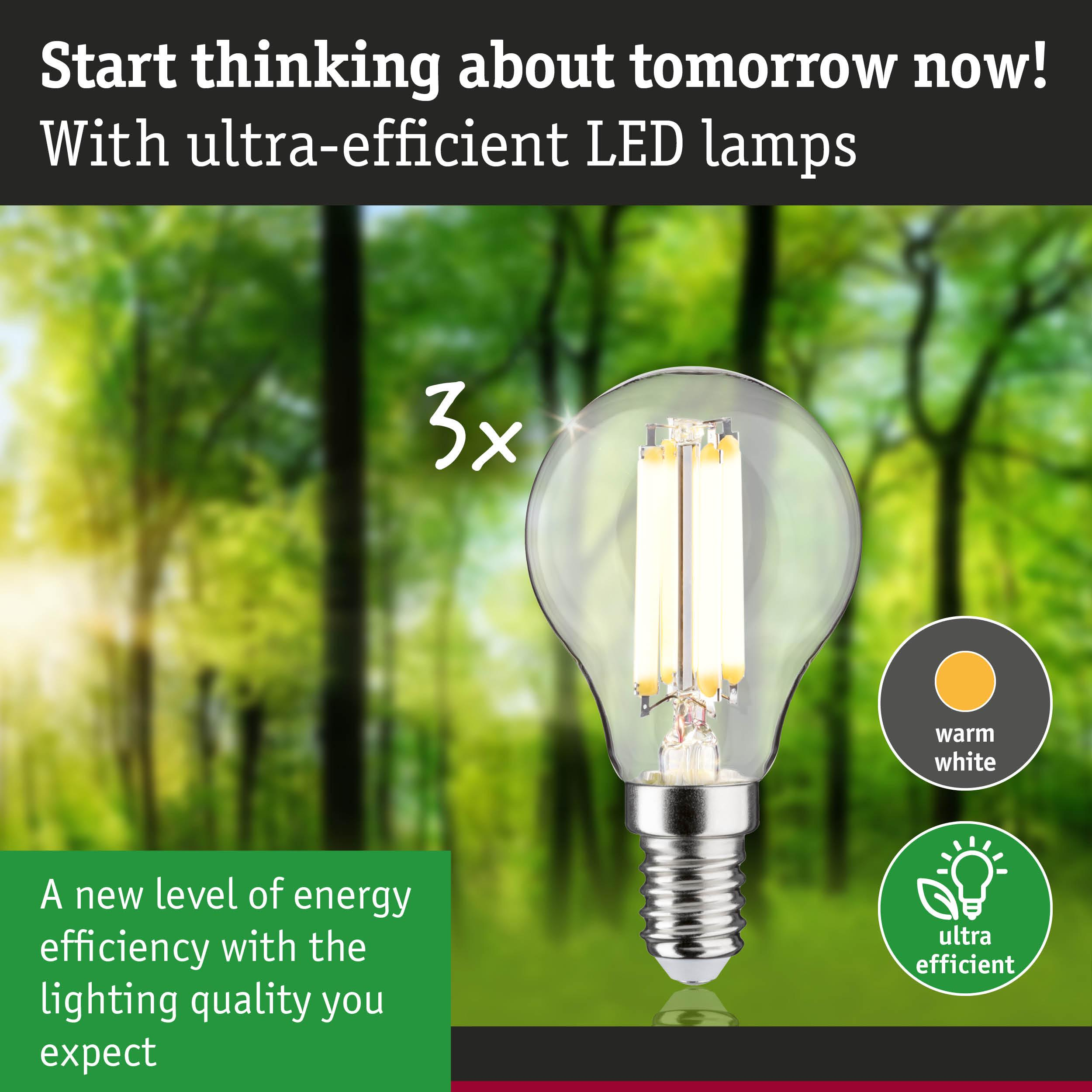 Przezroczysta żarówka LED z ciepłym białym światłem na tle zamazanego lasu.