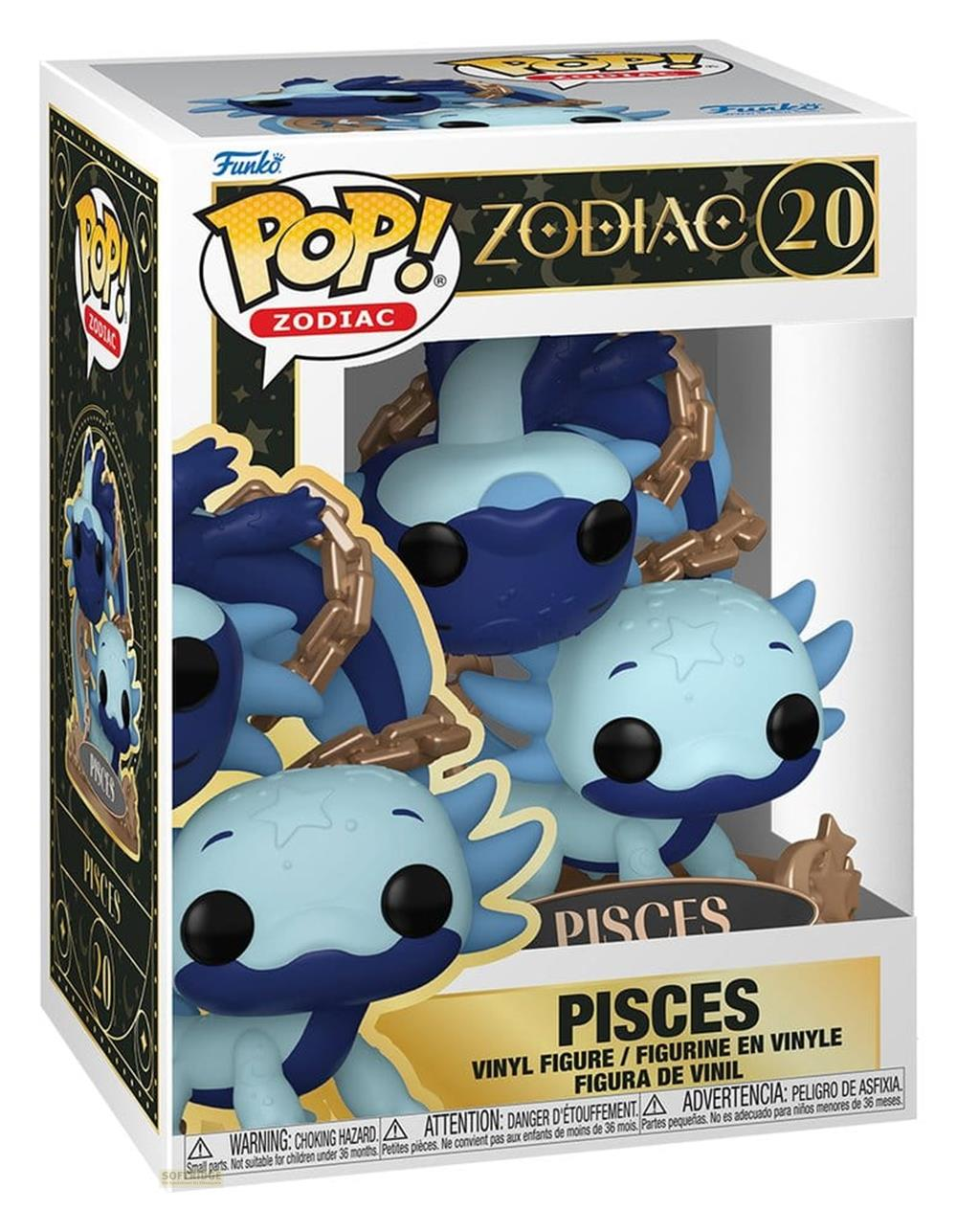 Una figura de vinilo Funko Pop! de Piscis, en azul y azul oscuro, con cadenas.