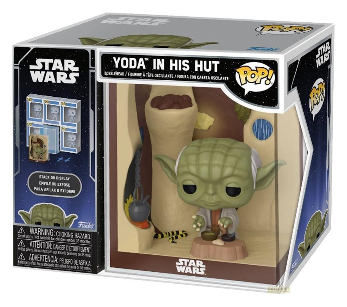 Funko Pop! Figur von Yoda in seiner Hütte, mit Warnhinweisen auf der Verpackung.