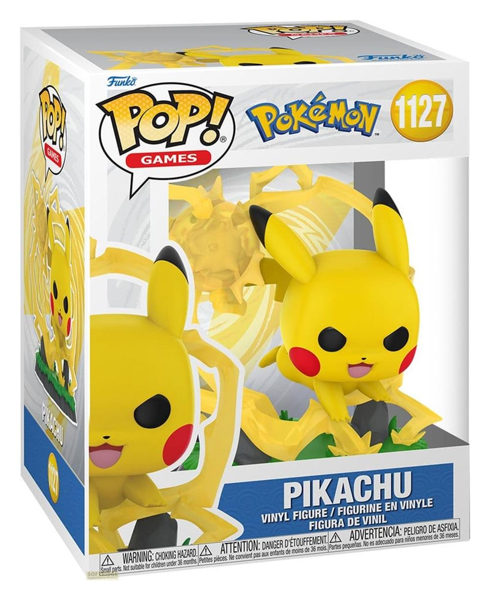 Funko Pop! Pikachu Vinylfigur mit Blitz-Effekten in der Pokémon-Verpackung.
