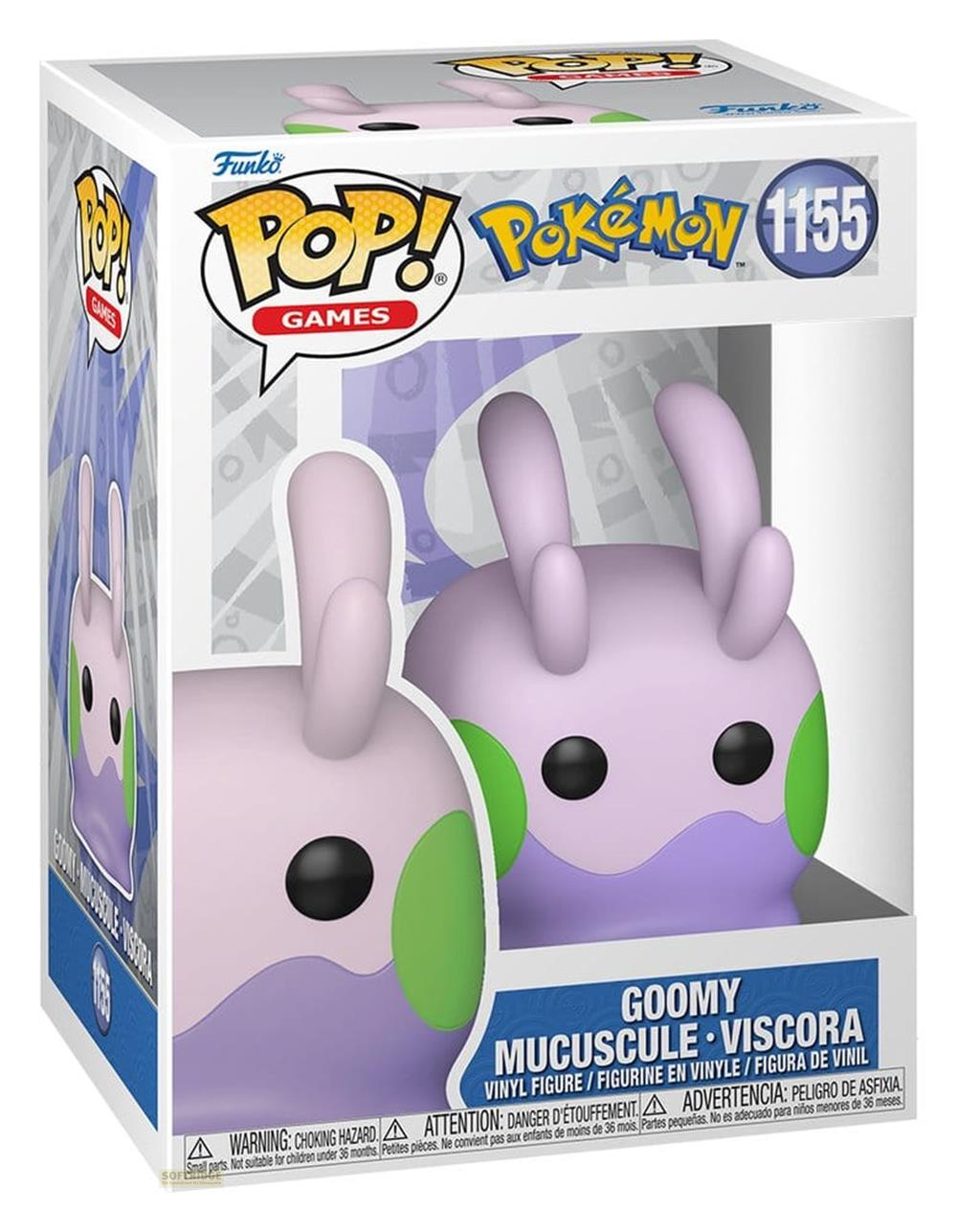 Funko Pop! Pokémon Goomy Vinylfigur im Karton, lila und grün.