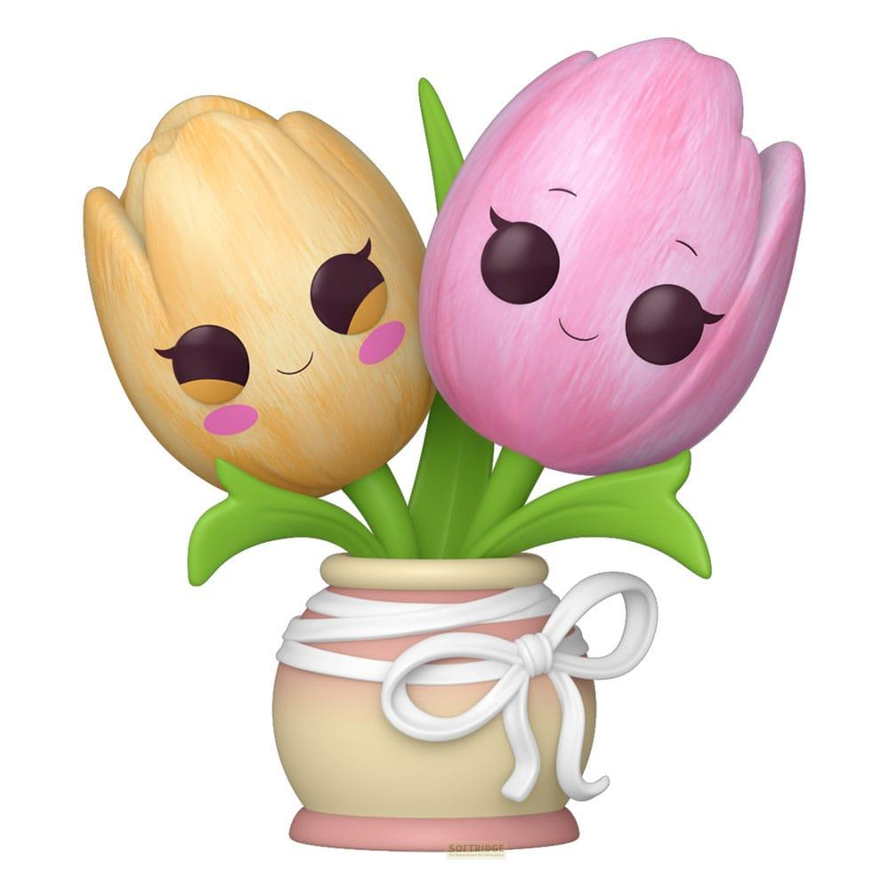 Süße gelbe und rosa Tulpen mit Gesichtern in einer Vase mit weißem Band.