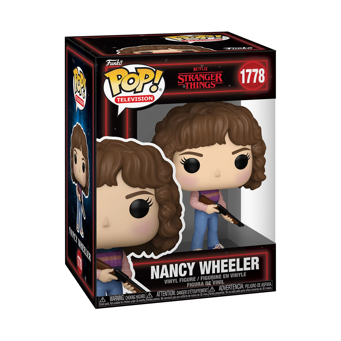 Funko Pop! Figur von Nancy Wheeler aus Stranger Things mit Gewehr in der Verpackung.