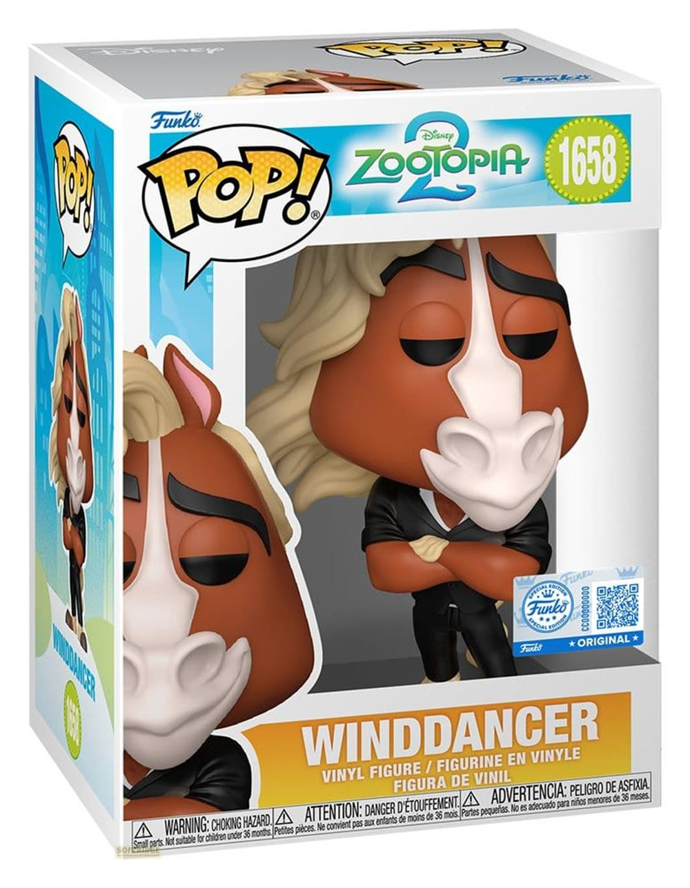 Figura Funko Pop! de vinilo de Winddancer de Zootopia en caja. Caballo marrón con marcas blancas, camisa negra.
