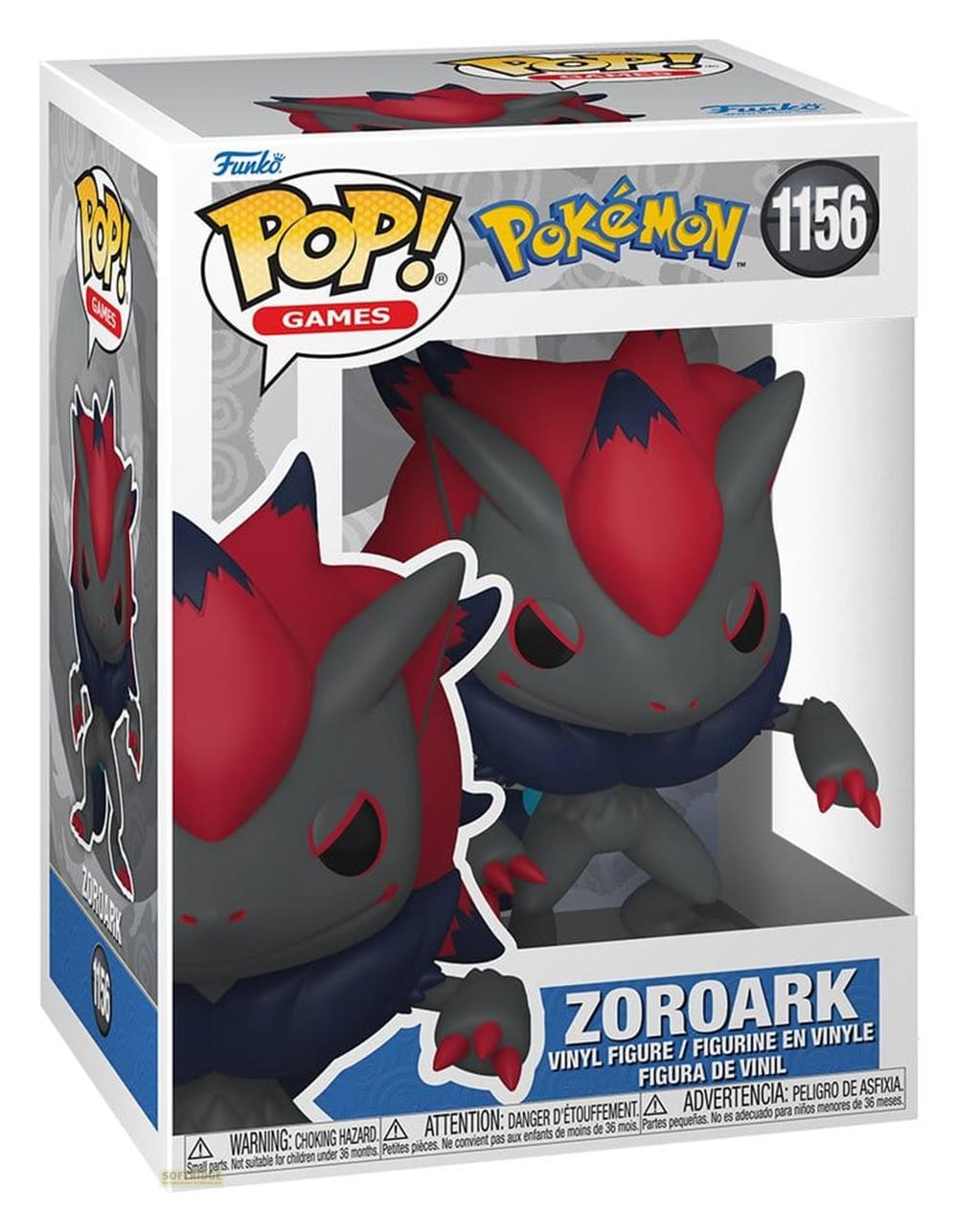 Funko Pop! Vinyl Figur von Zoroark, einer Pokémon-Figur in Grau und Rot.