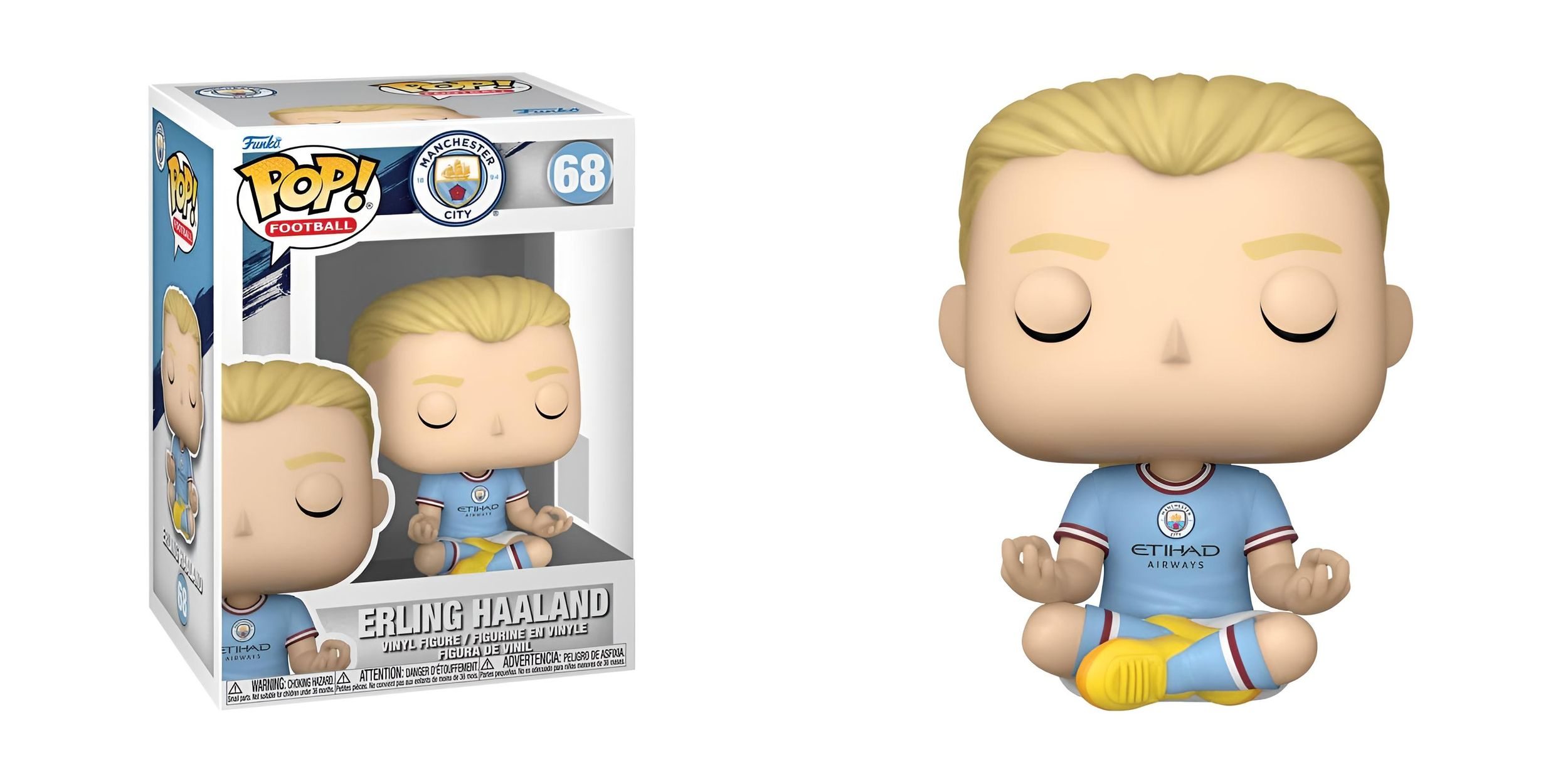 Erling Haaland Funko Pop-Figur in blauer Manchester City Kleidung, meditiert.