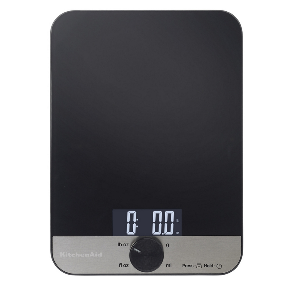 Schwarze digitale Küchenwaage mit silbernem Drehknopf und LCD-Anzeige.