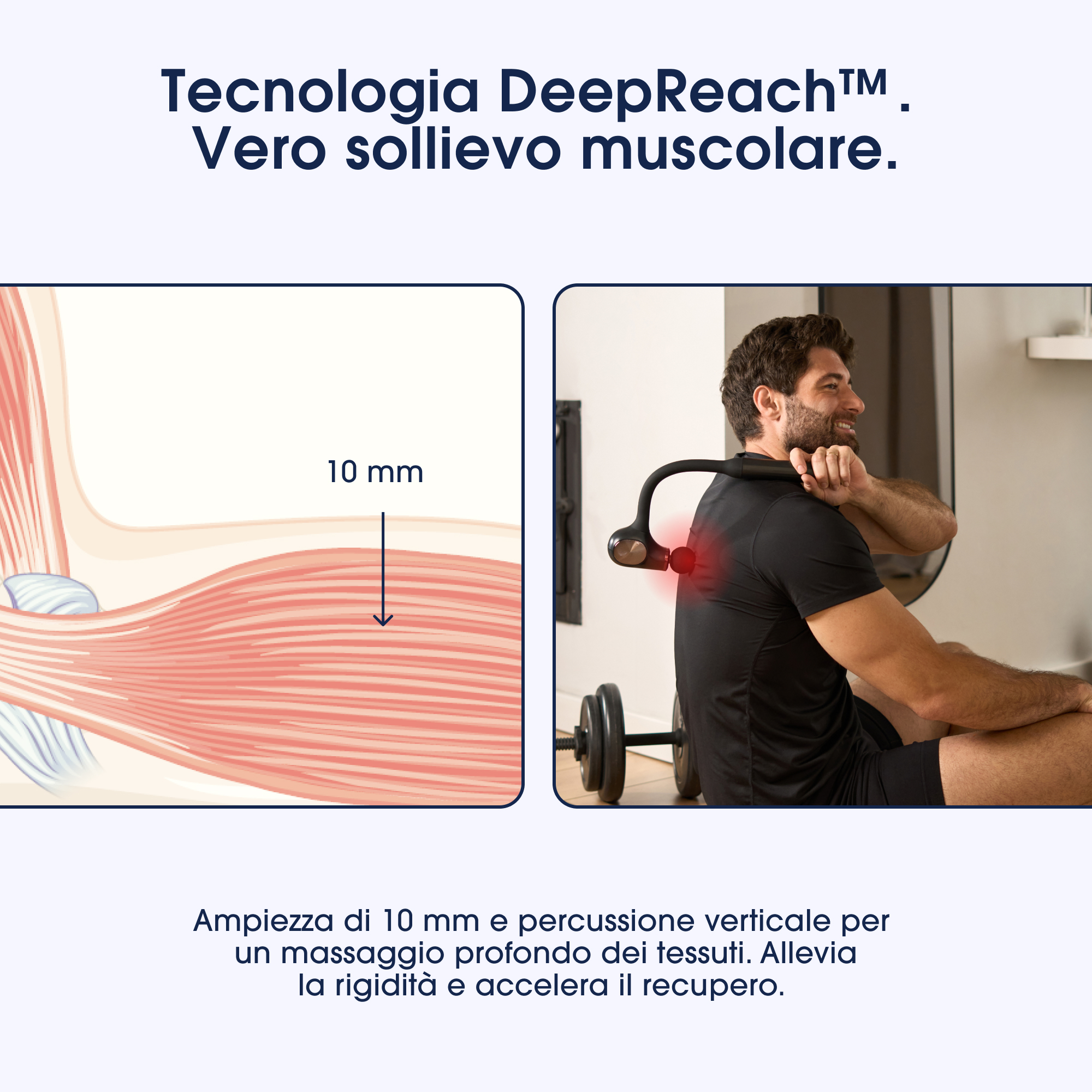 Animacja pokazuje włókna mięśniowe na głębokość 10mm. Mężczyzna masuje kark urządzeniem.