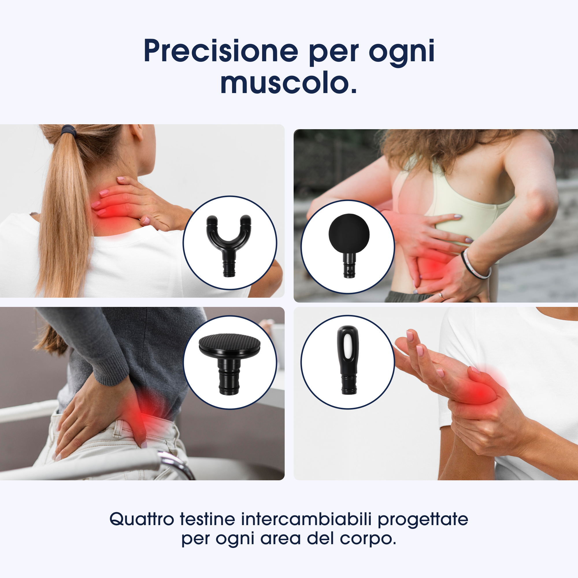 Cztery wymienne głowice do masażu szyi, pleców, bioder i dłoni.