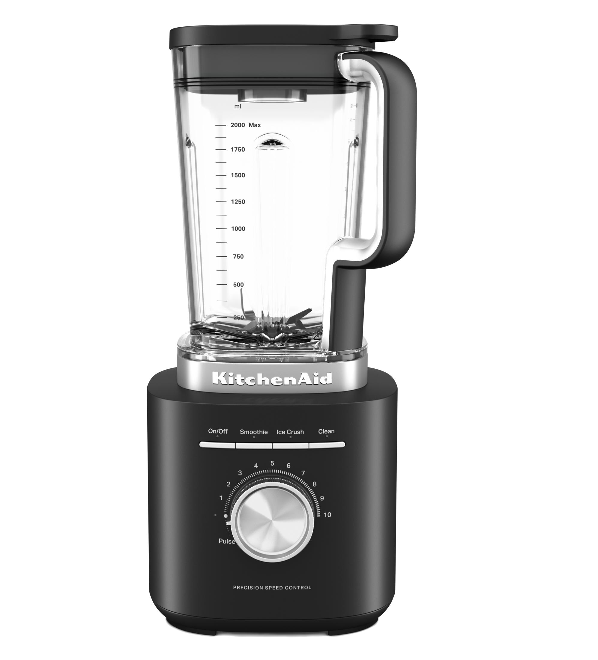 Frullatore KitchenAid nero con caraffa in vetro e selettore argentato.