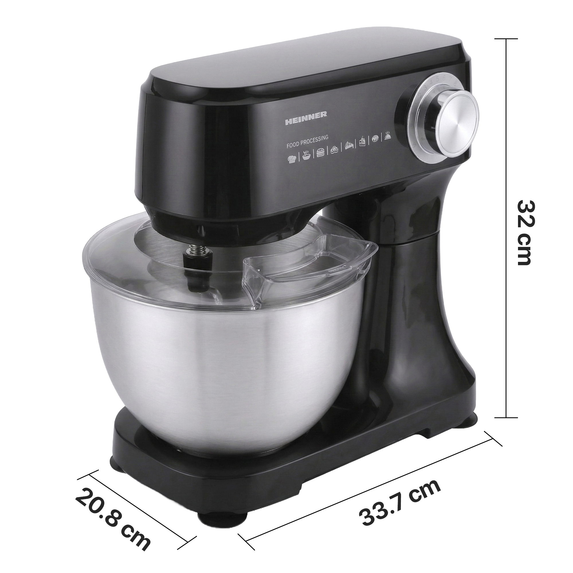 Black stand mixer with stainless steel bowl, dimensions 33.7x20.8x32 cm.