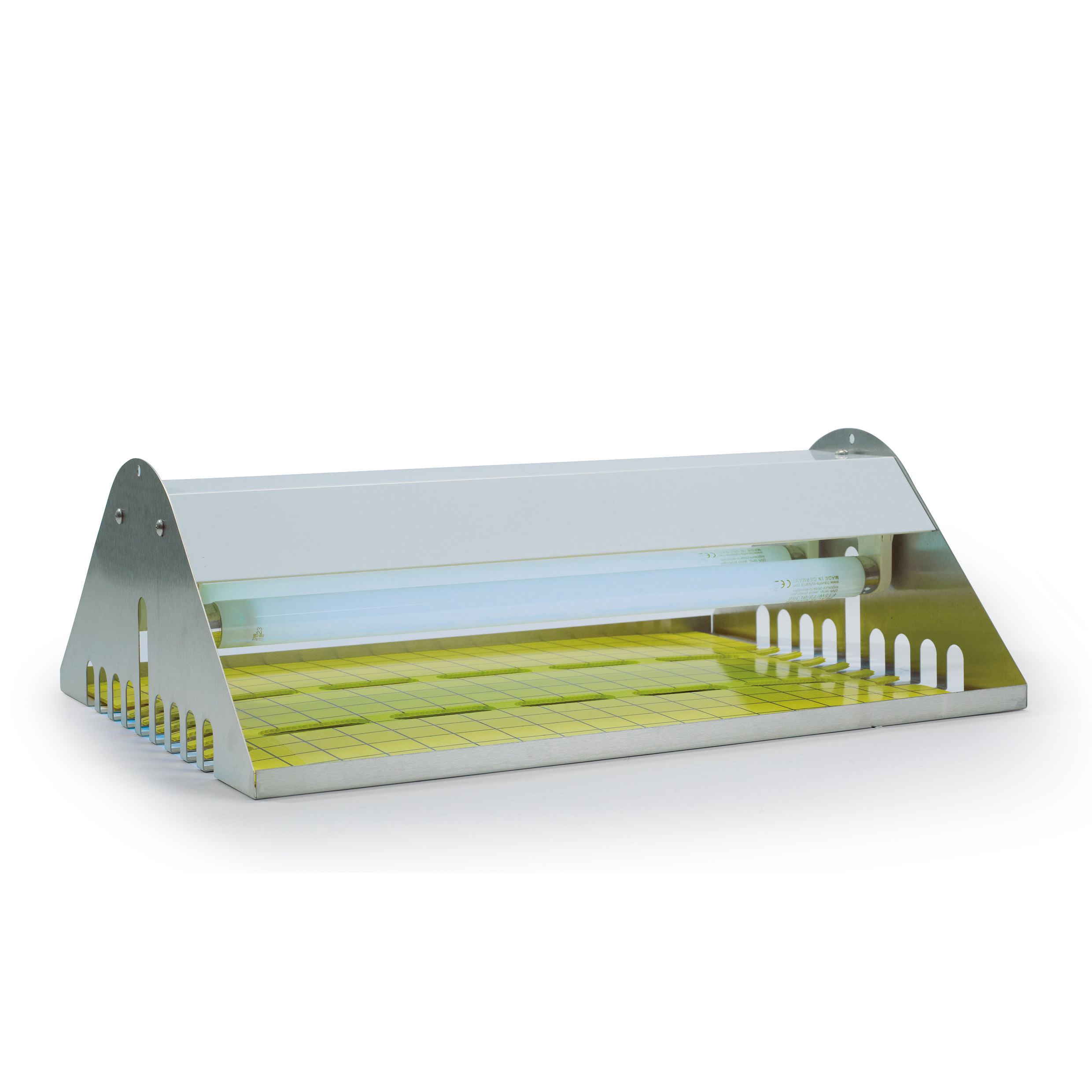 Een lamp-achtige insectenverdelger met UV-licht en gele kleefstrip.