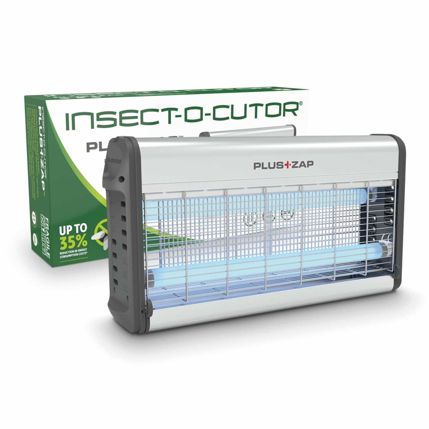 A silver insect killer with a blue light and its box on a white background.