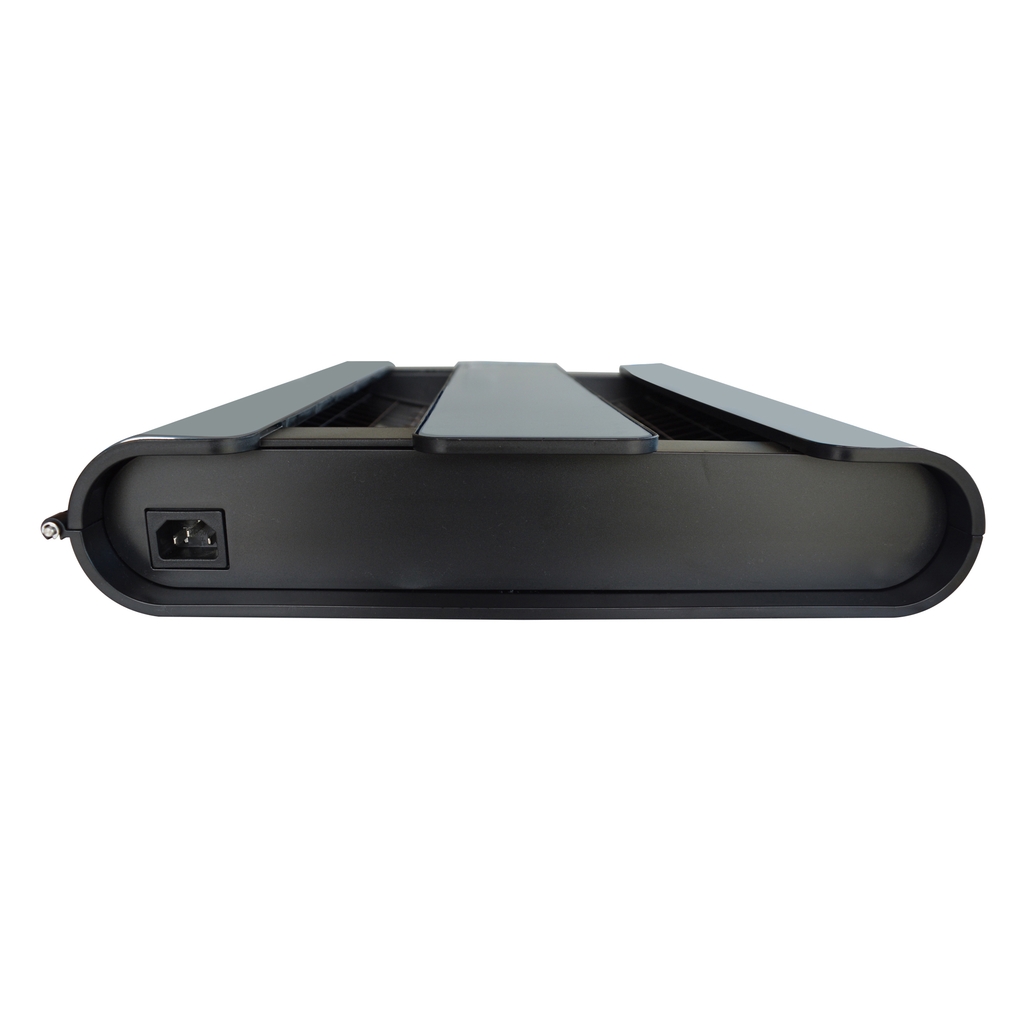 A black electronic device with a power port on its left side.
