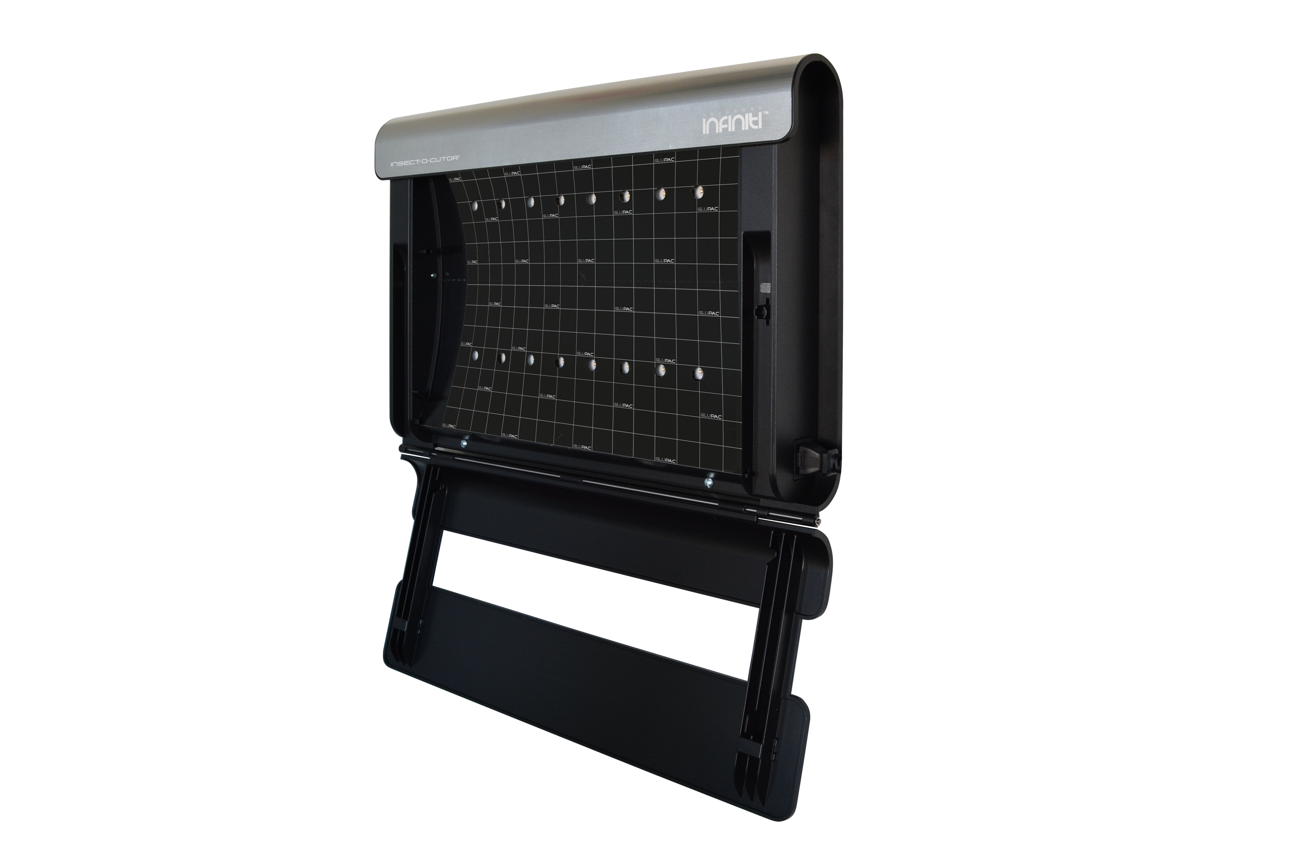 An open insect killer with a sticky surface and lights.