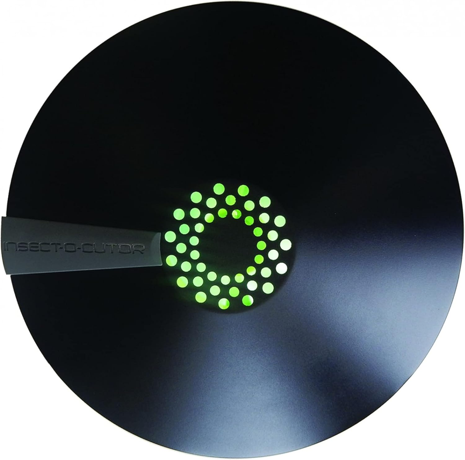 Zwarte ronde insectendoder met groene lampjes in een cirkelvormig patroon.