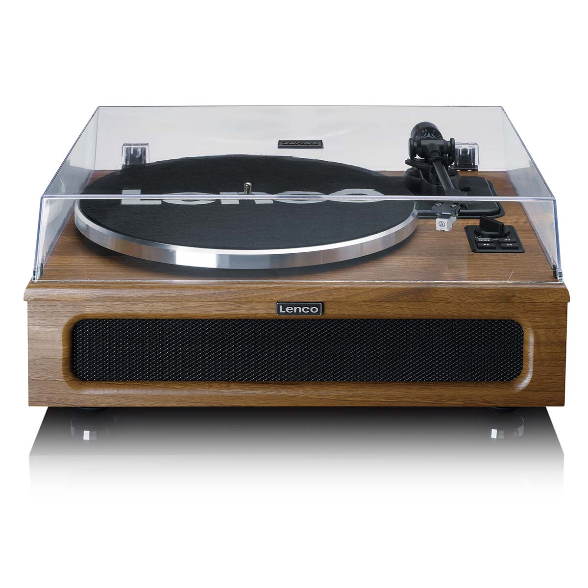 Un tocadiscos Lenco de madera con tapa transparente, plato negro y ribete plateado.