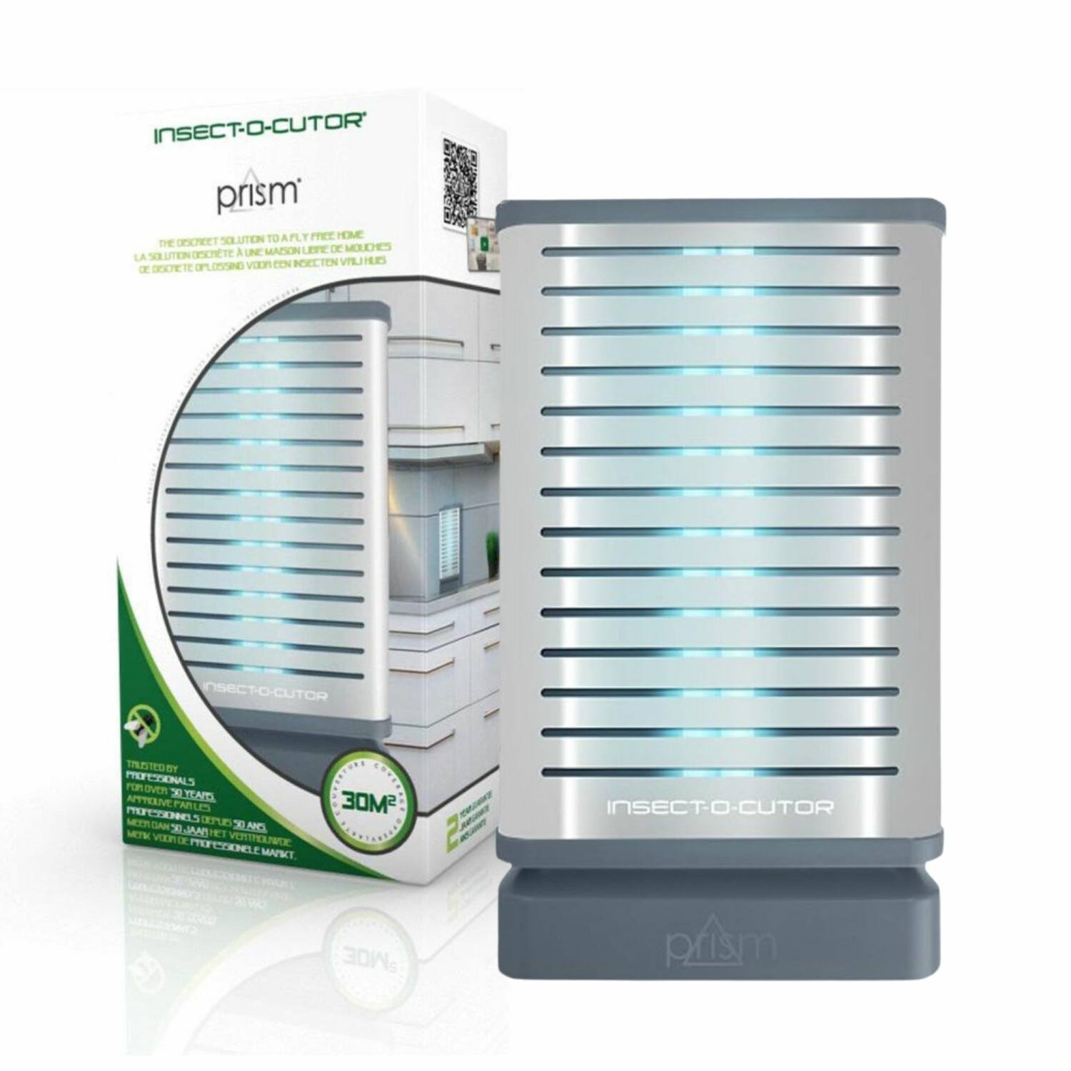 A silver and gray insect killer with blue lights and its packaging.