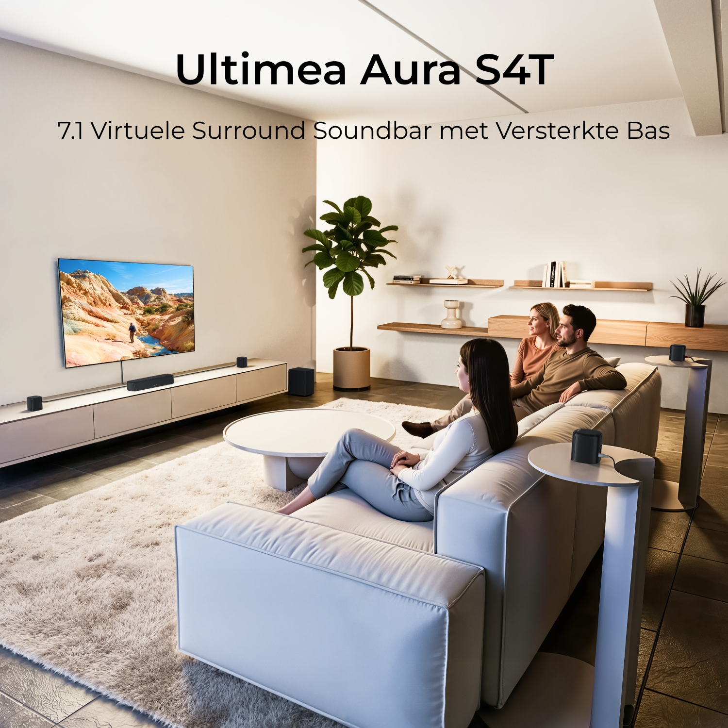 Three people sit on a sofa watching TV in a living room setting.
