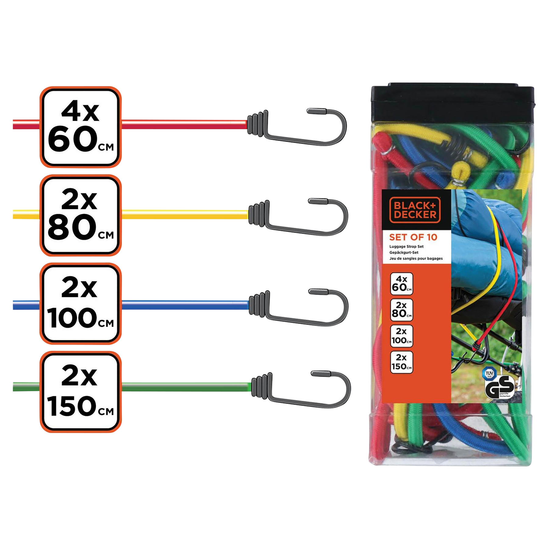 Set van 10 elastieken in diverse maten en kleuren, verpakt in een plastic bak.