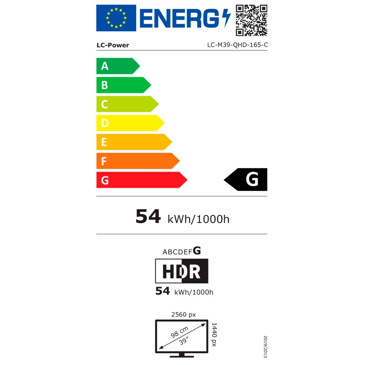 Etykieta energetyczna klasa G, 54 kWh/1000h, HDR i ekran 39 cali.