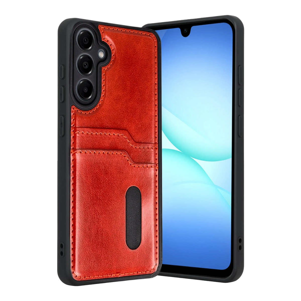 Kamera oyuntulu, kart yuvalı kırmızı telefon kılıfı.