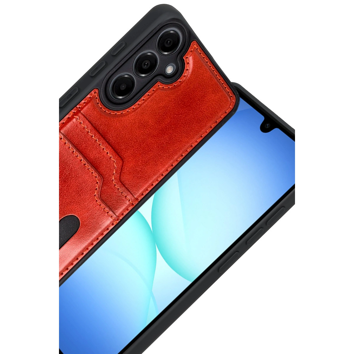 Kırmızı deri telefon kılıfı, akıllı telefon ekranı üzerinde kart yuvalı.