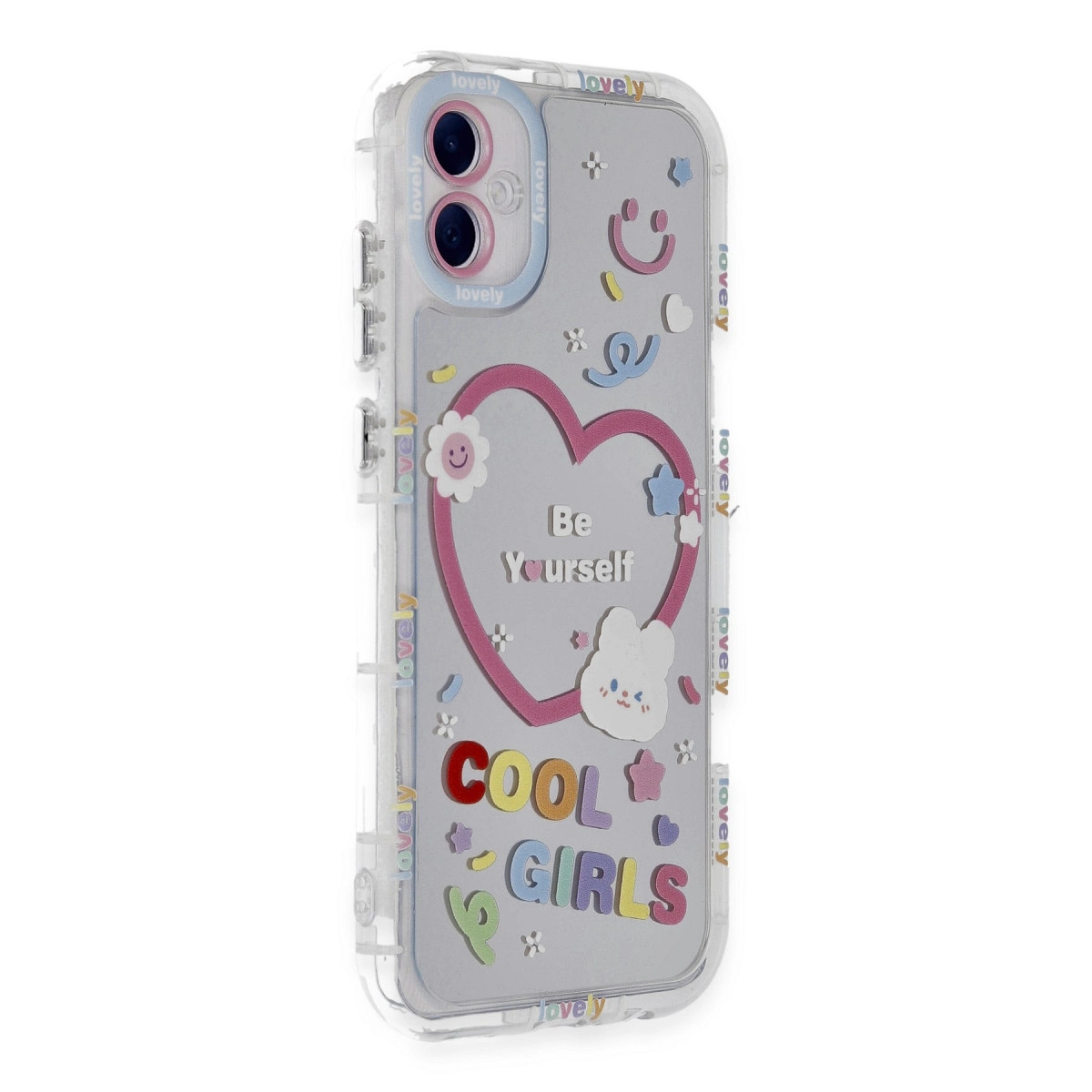 Pembe kalp, "Kendin Ol", "Cool Girls", tavşan ve gülen yüzlü şeffaf telefon kılıfı.