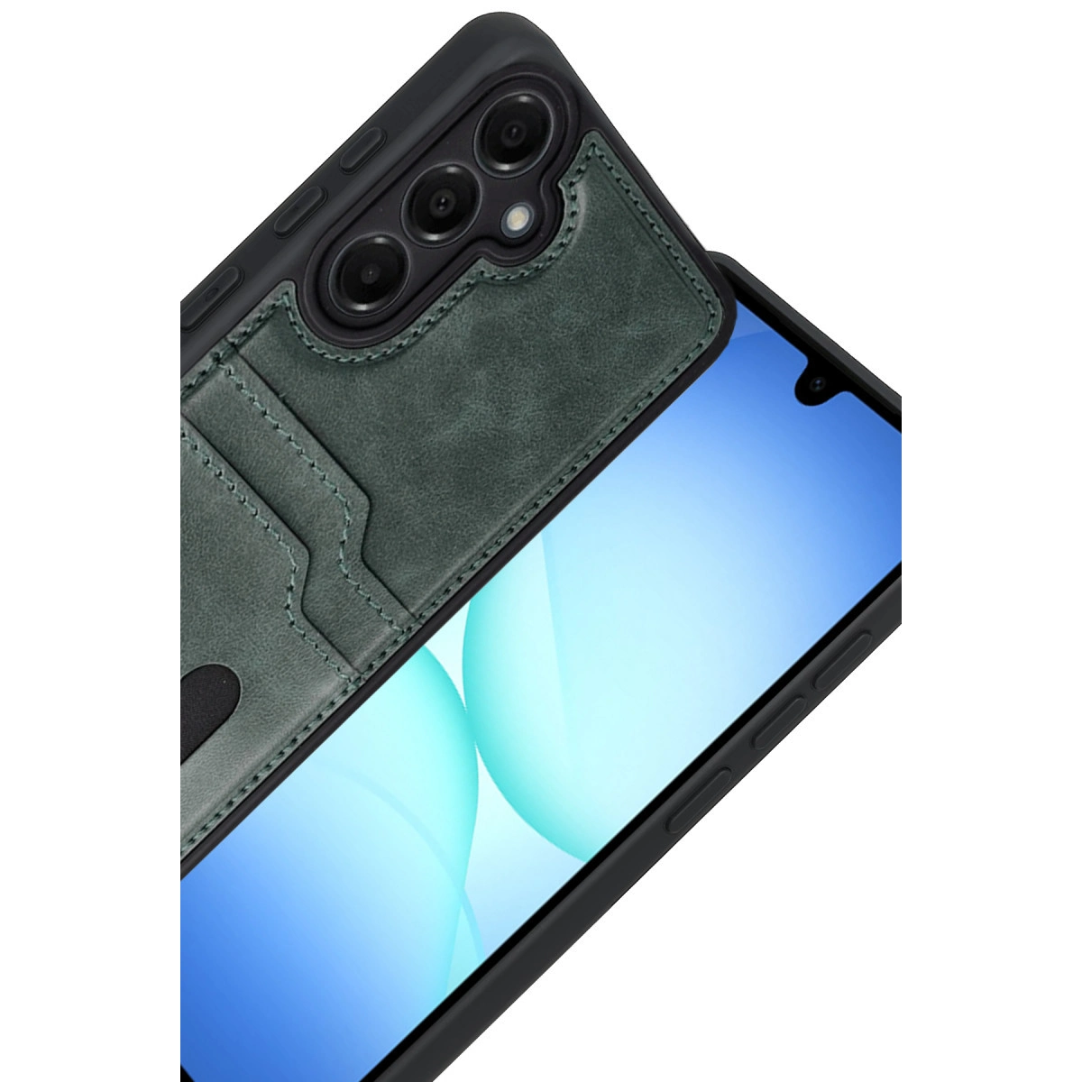 Kart yuvalı ve üç kamera lensli yeşil telefon kılıfı.