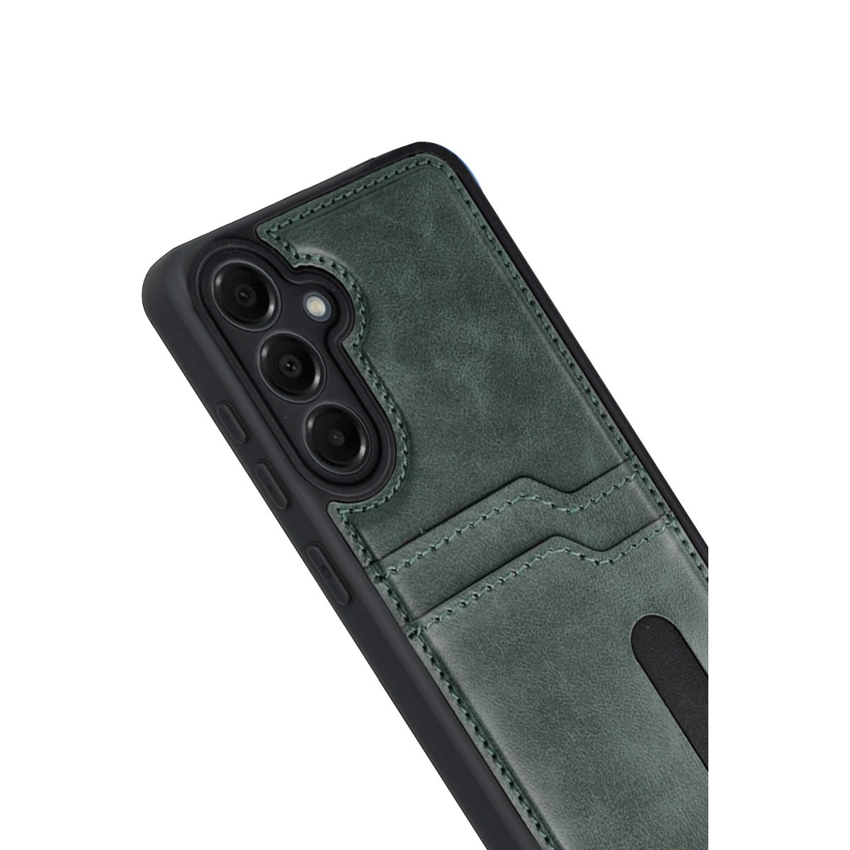 Koyu yeşil deri telefon kılıfı kart yuvaları ve kamera kesiği.