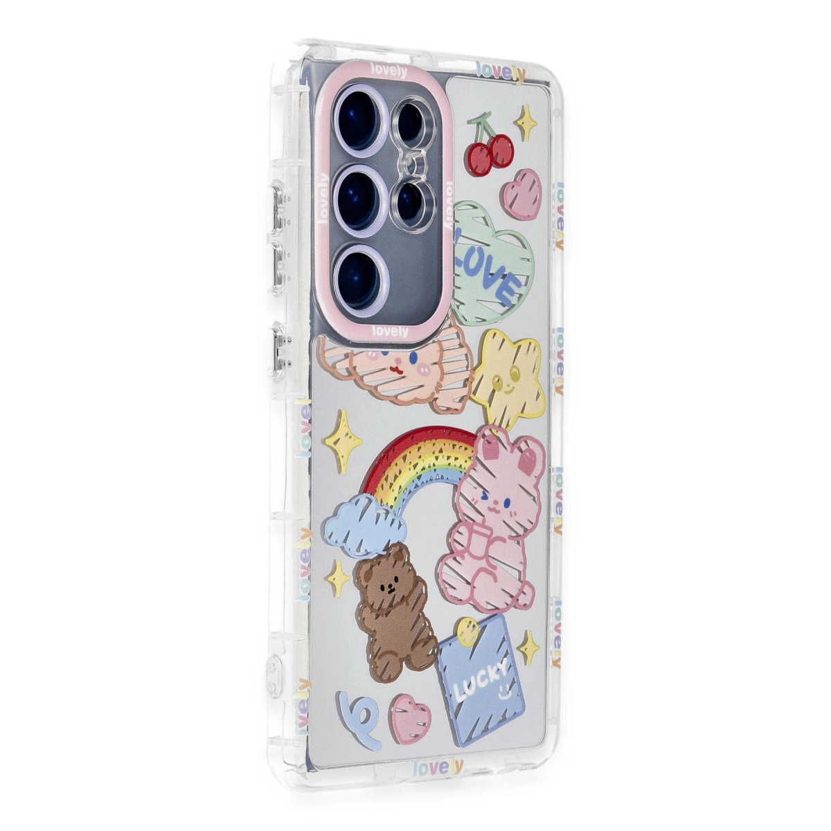 Kawaii çıkartmalı şeffaf telefon kılıfı: ayı, tavşan, gökkuşağı, yıldızlar, kalpler.