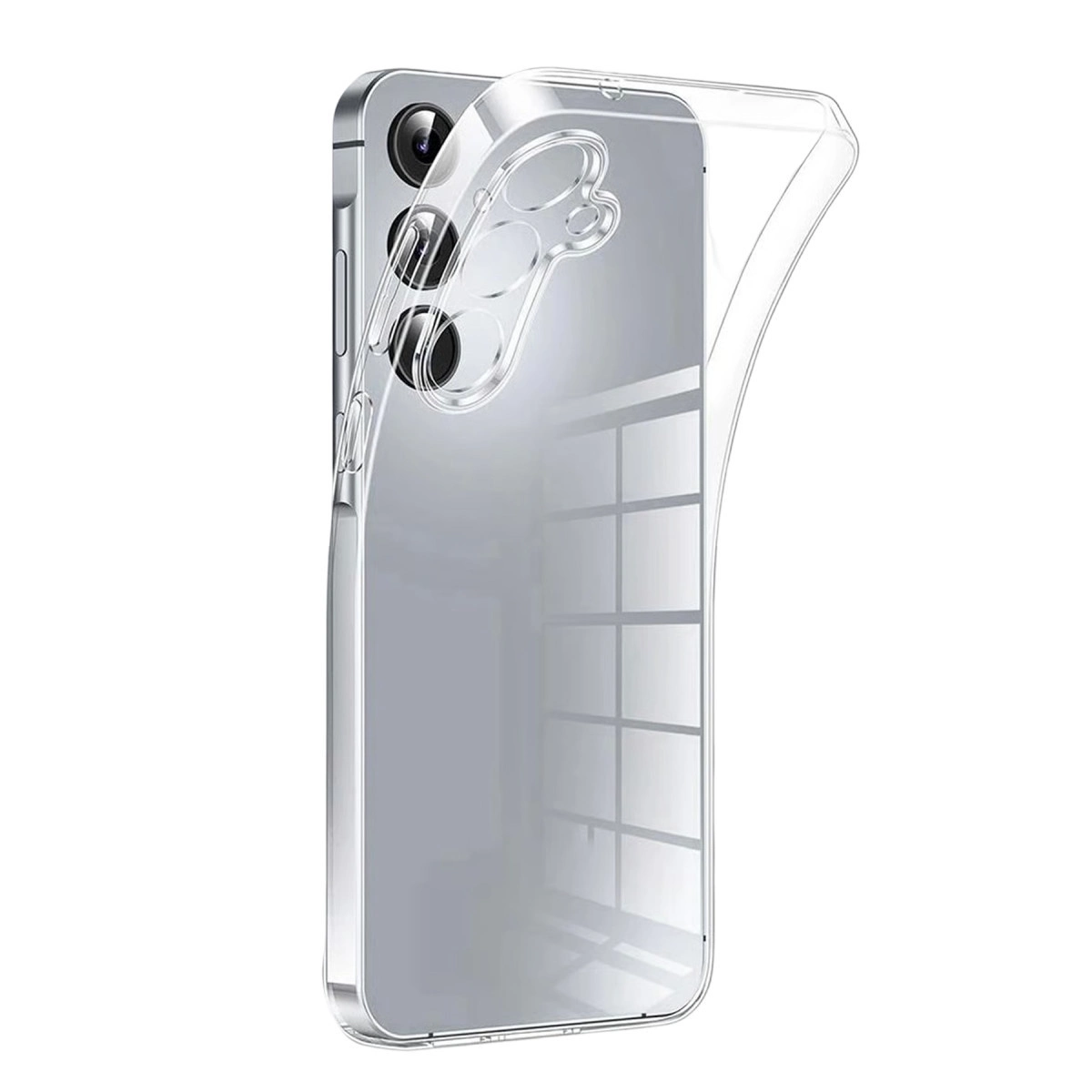 Gümüş telefonda kamera kesimli şeffaf telefon kılıfı.