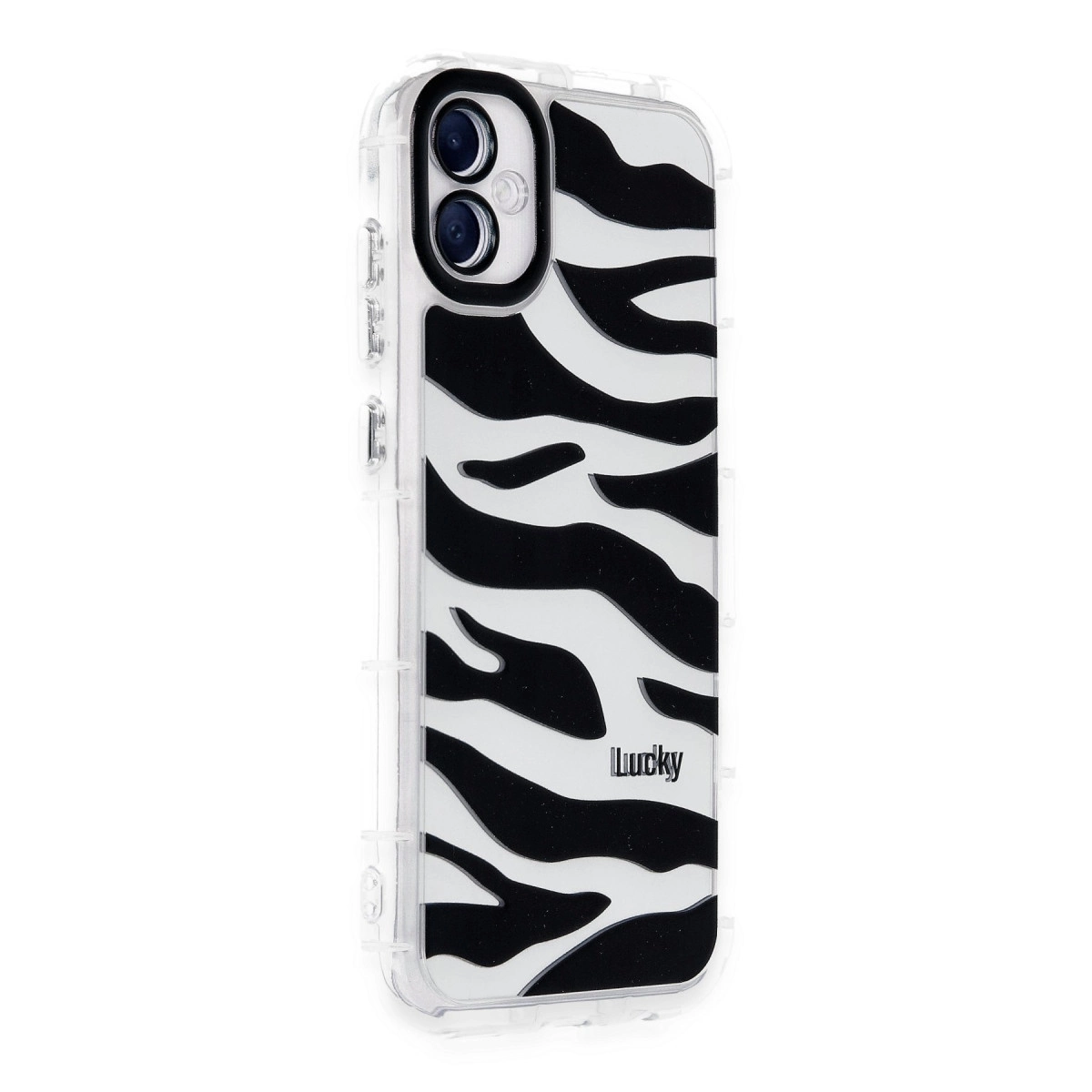 Lucky yazılı, siyah-beyaz zebra desenli şeffaf telefon kılıfı.