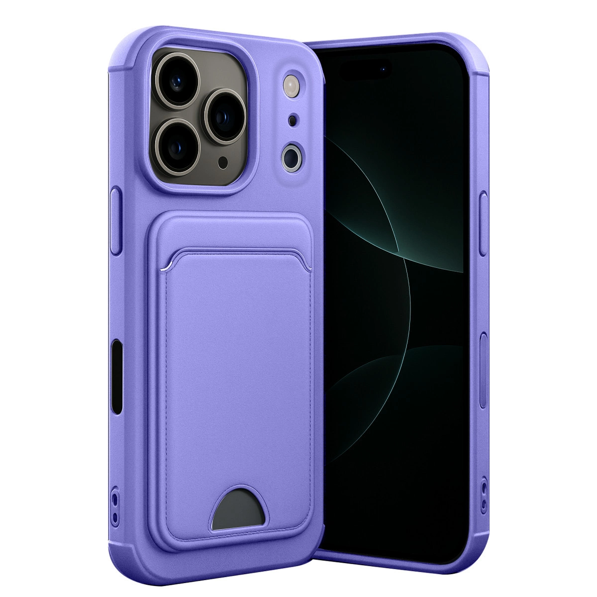 Kart yuvalı ve kamera kesimli mor telefon kılıfı.