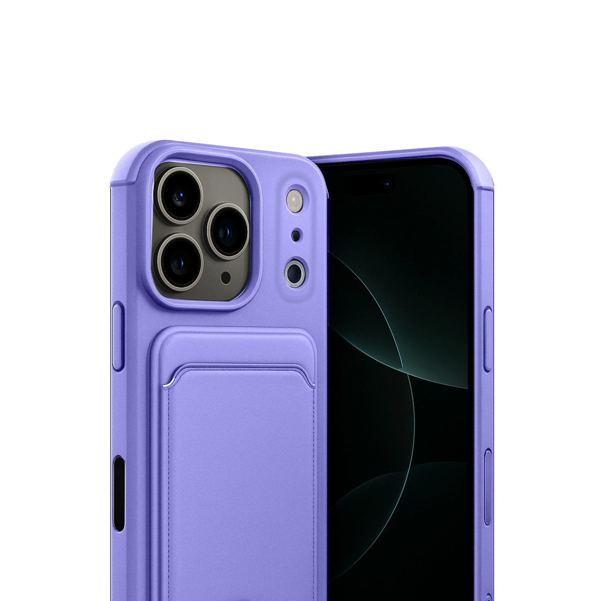 Telefon ekranının yanında kart bölmeli mor iPhone kılıfı.