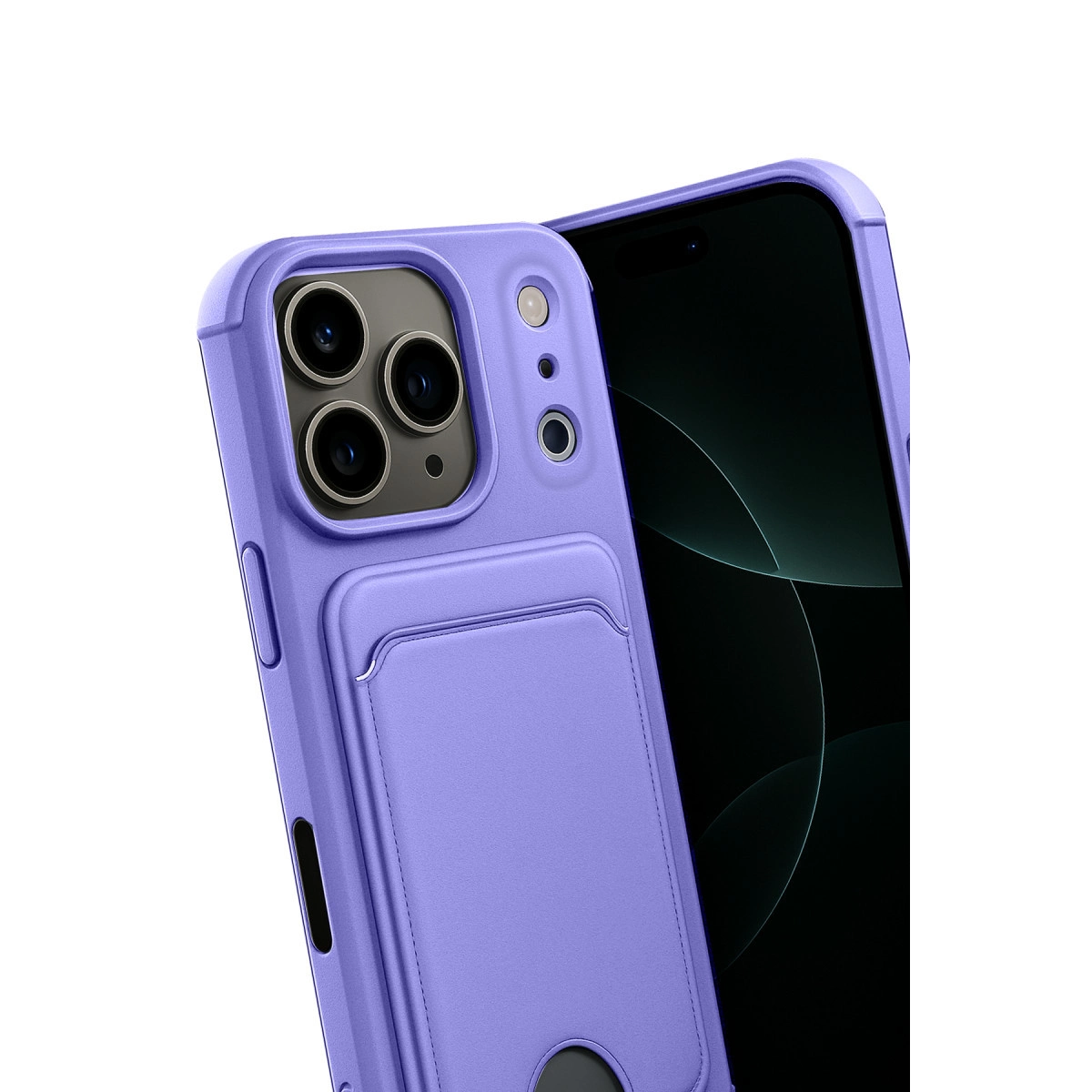 Kart yuvalı ve kamera kesimli mor telefon kılıfı, siyah akıllı telefonun yanında.