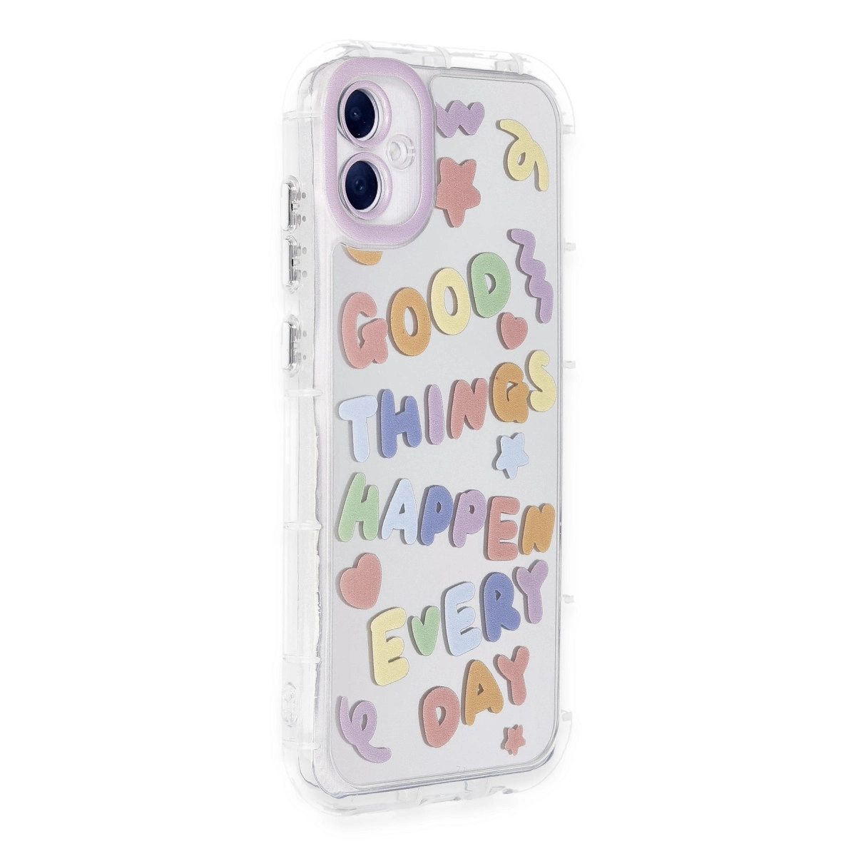 Renkli "GOOD THINGS HAPPEN EVERY DAY" yazılı şeffaf telefon kılıfı.