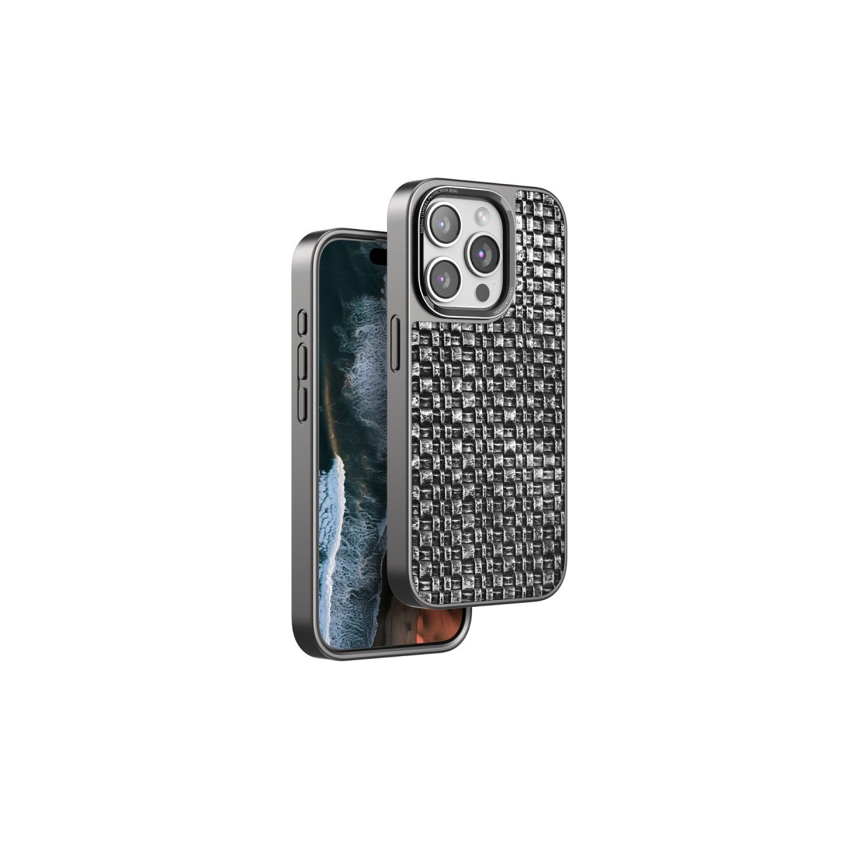 Desenli siyah telefon kılıflı gri bir iPhone.