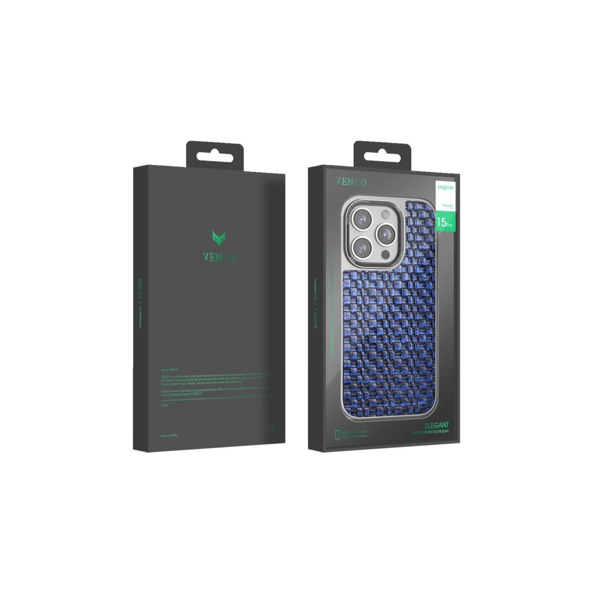 Venco iPhone 15 Pro kılıfı önde mavi örgülü desenli, yanında koyu ambalaj.