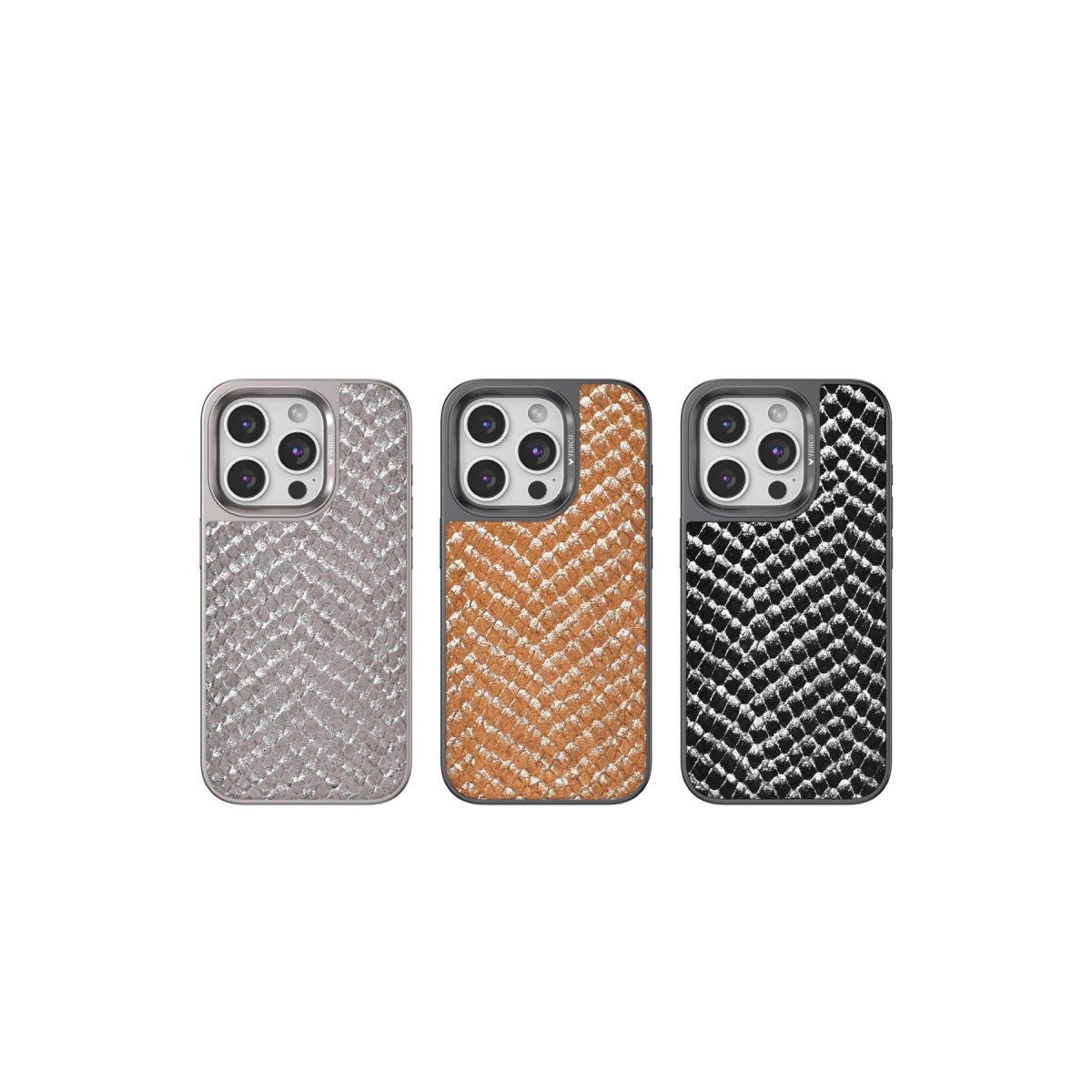 Yan yana üç iPhone kılıfı: gümüş, turuncu ve siyah, pullu desenli.