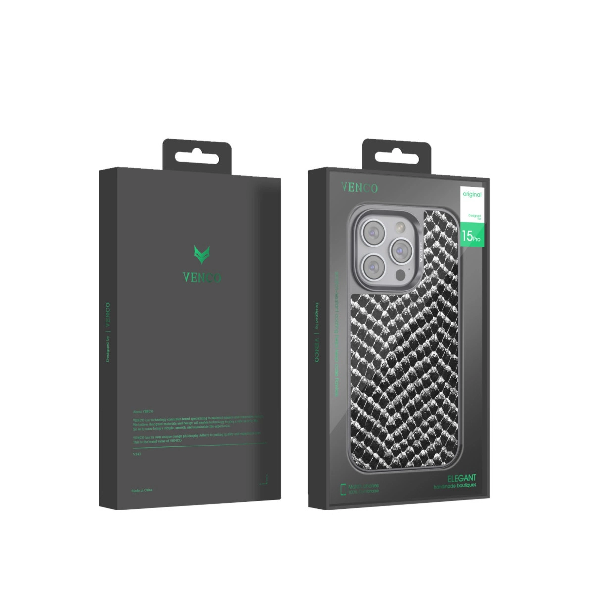 İki Venco iPhone 15 Pro kılıf kutusu, biri siyah desenli, diğeri logolu.